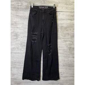Vanilla Star Jeans‎ Womens 3 Black Super High Rise Skater Wide Leg Distressed